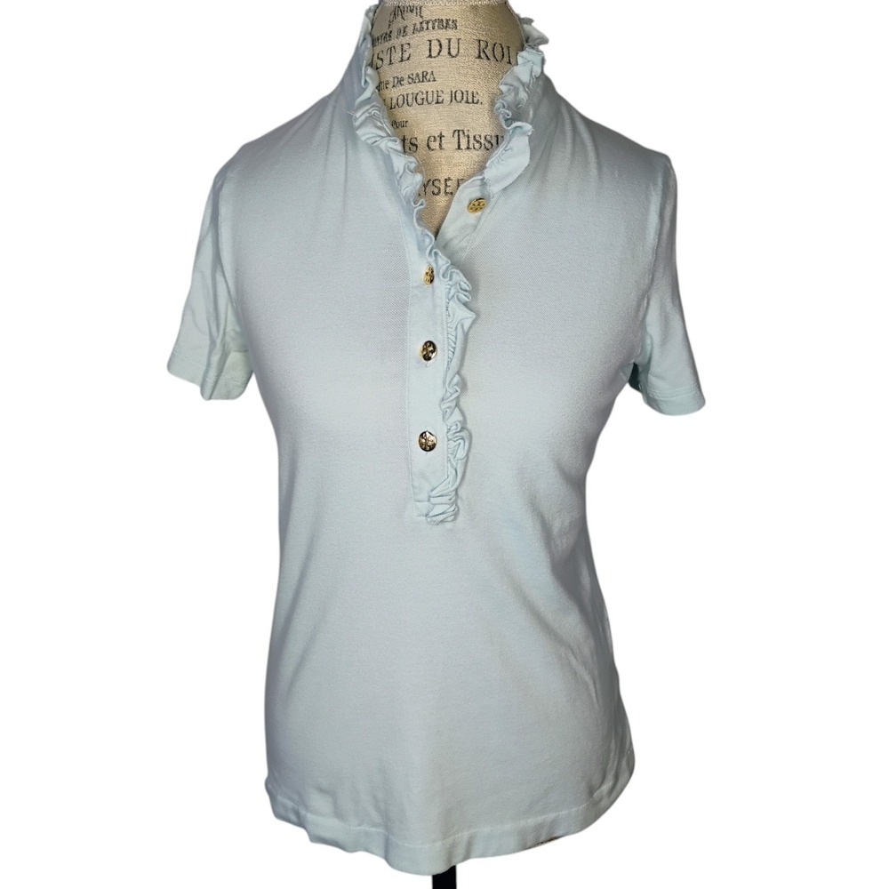 Tory Burch Lidia Ruffle Polo Top Womens Large Light Blue Preppy Classy Logo